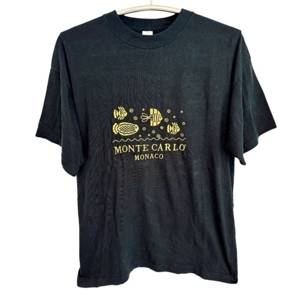 Tops - MONTE CARLO MONACO FISH BLACK T-SHIRT + GOLD EMBROIDERY, SIZE XL